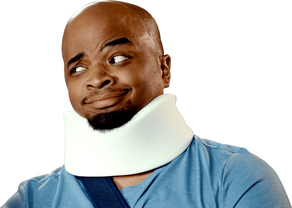 Man in neck brace looking quizzically over his right shoulder