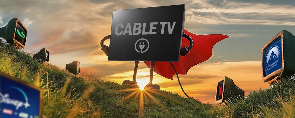 cartoon of cable tv standing like a super hero among streaming services.