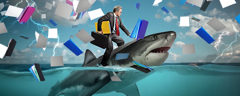 businessman riding a shark