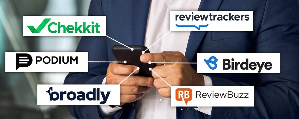 Man with mobile phone and multiple review services