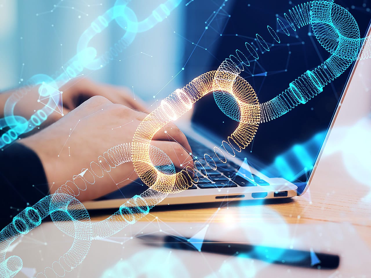 User on laptop illustrating digital chains in foreground